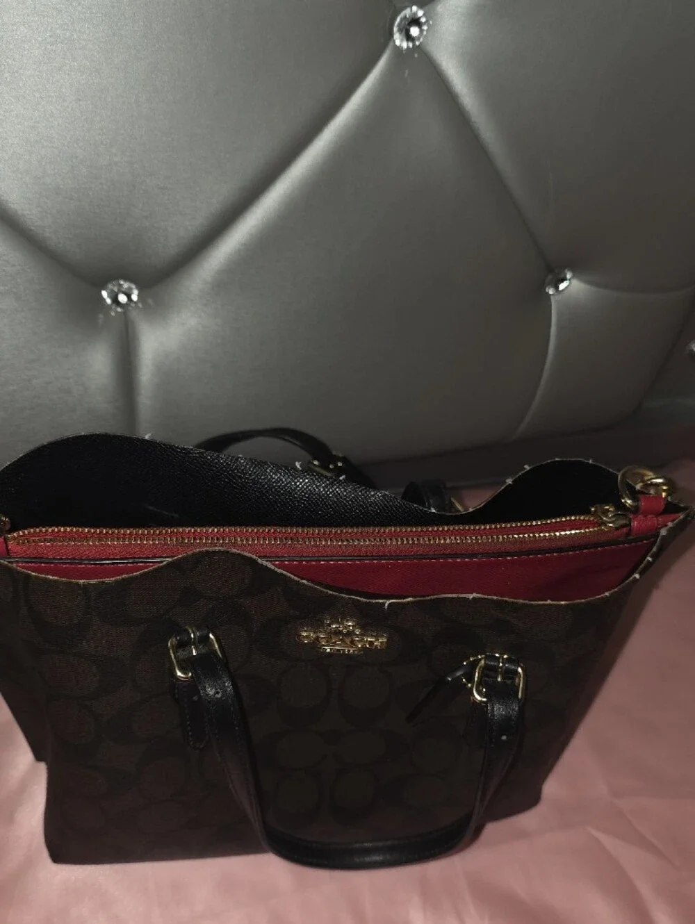Coach Brown Signature Canvas Shoulder Tote with Gold Hardware